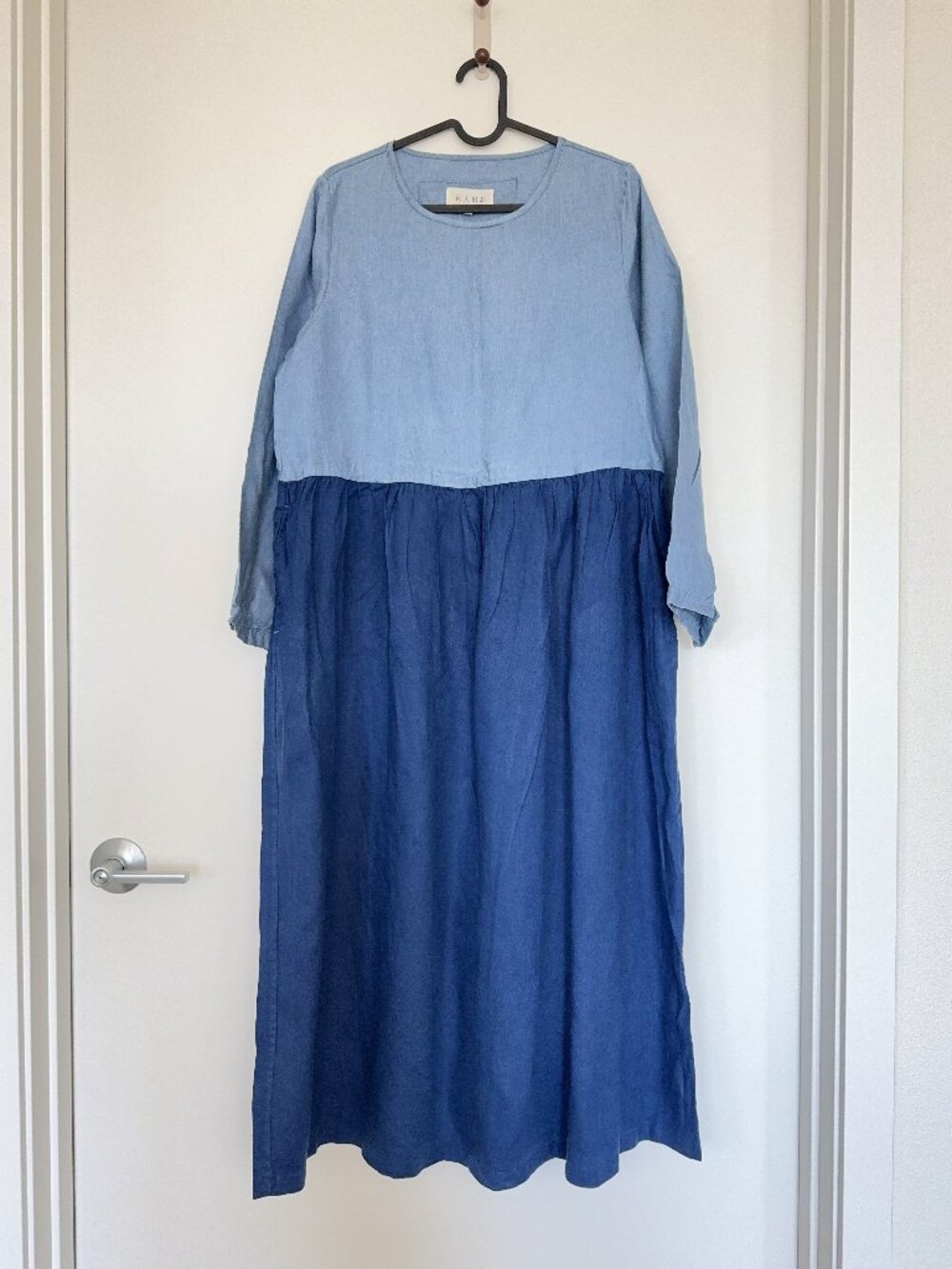 100% Linen Blue/Navy Maxi Long Dress, Patchwork design, Mint condition